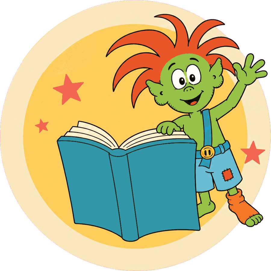 Der Klabauterbold winkt hinter einem aufgeschlagenen Buch